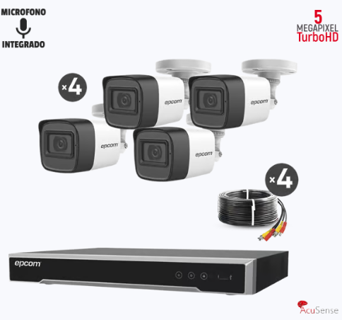 Kit TURBOHD 5 Megapixel  todo incluido ( DVR 4 Canales / 4 Cámaras de 5 Megapixel con Micrófono Integrado /  Cableado / Fuente de Poder Profesional e 