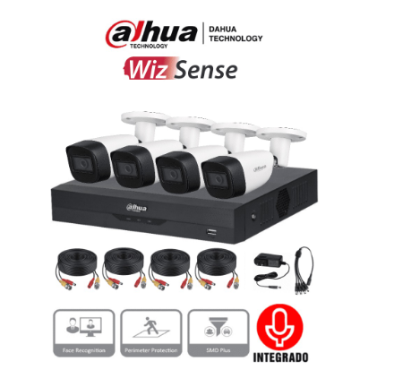 DAHUA KITXVR5104HS4KLI3+4HFW1500CMA- Kit de 4 canales 5 MP con audio y DVR de 4 CH,Soporta 4 canales + 4 IP o hasta 8 IP + 4 Cámaras 5mp